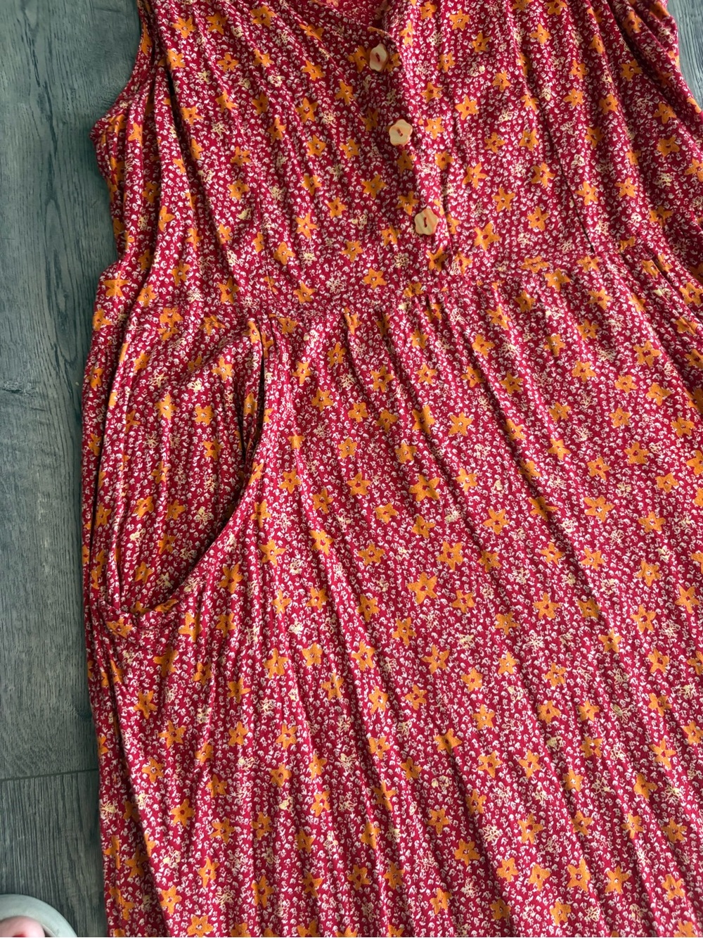 Vintage Sleeveless Red-Orange Floral Rayon Maxi Dress - Lightweight Summer Style - Picture 3 of 7